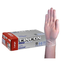 Lincon Vinyl Gloves, Recyclable, 5.5g, Low Powder, Large, Clear, HACCP Grade, 100/Box Box