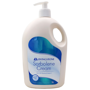 Livingstone Sorbolene Cream with Vitamin E and 10 Percent Glycerine - Mild pH 5.5 - 6.0, 1 Litre with Pump Each