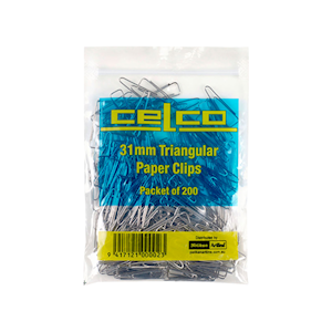 Celco Triangular Paper Clips, 31mm, Silver, 200 Pieces/Pack Pack