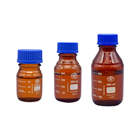 Simax Lab Reagent Bottle, 250mL, 70 x 143(H) mm, GL45, Amber, Blue PP Cap and Outlet Ring, Borosilicate Glass, European, Each Each