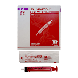 Livingstone Syringe, 5ml, Luer Slip Tip, RED Plunger, Latex Free, Hypoallergenic, Sterile, 100/Box Box