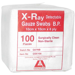 Liv Gauze Swabs, 8-Ply, 10 x 10cm, X-Ray Detectable, Non-Sterile, Surgically Clean, White, 100 Pieces/Pack