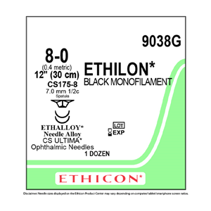 Ethilon Nylon Suture, Black Monofilament, Size 8-0, 1/2 Circle, 30cm, 12/Box Box