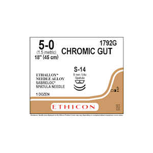 Johnsons and Johnsons Ethicon Surgical Chromic Gut Sutures, Undyed, 45cm, 5-0 S-14 8mm, 12/Box Box