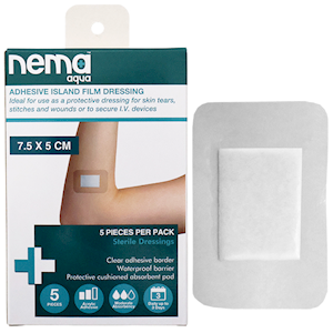 Nema Aqua Transparent Island Film Dressing, with Non-Adherent Pad, 7.5 x 5cm, Waterproof, Sterile, 5/Pack Pack