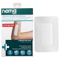 Nema Aqua Transparent Island Film Dressing, with Non-Adherent Pad, 12 x 8.2cm, Waterproof, Sterile, 5/Pack Pack