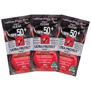 Out of Date, Ultra Protect Sunscreen Lotion SPF 50+, 10ml Sachet, 100pct Australian Made, Each, Price Discounted While Stocks last Each