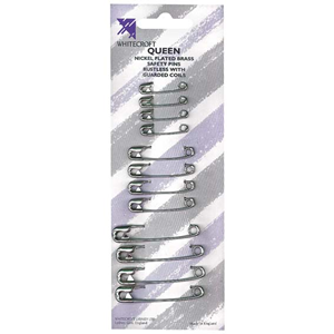 Queen Safety Pins with Coil Guard, 4 of Each Size, No.1 - 27mm, No. 2 - 38mm and No. 3 - 51mm, 12 Pins/Card, 12 Cards/Box Box